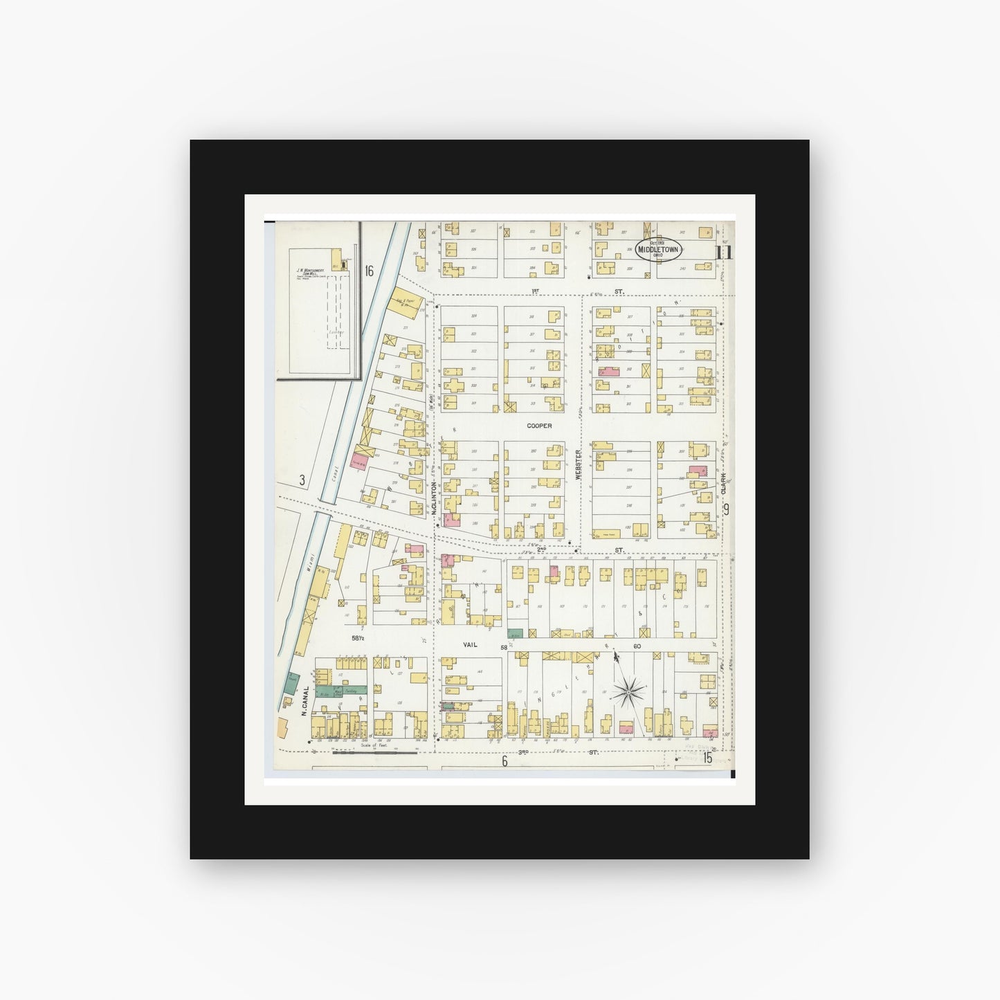 Old map wall art mockup — black gallery frame with white mat — Sanborn Fire Insurance Map from Middletown, Butler County, Ohio (1901), Sheet #0011