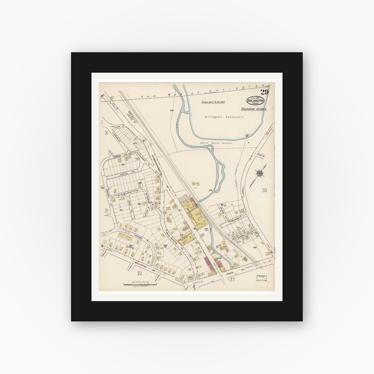 Old map wall art mockup — black gallery frame with white mat — Sanborn Fire Insurance Map from Arlington, Middlesex County, Massachusetts (1922), Sheet #0029