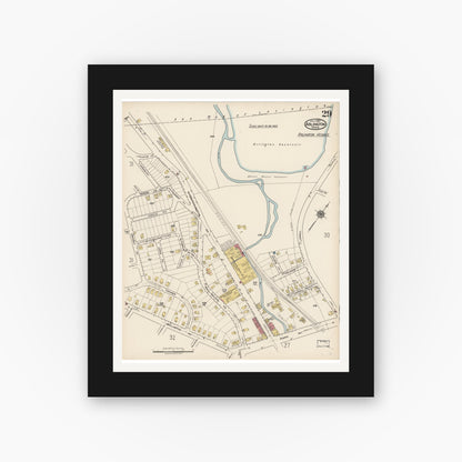 Old map wall art mockup — black gallery frame with white mat — Sanborn Fire Insurance Map from Arlington, Middlesex County, Massachusetts (1922), Sheet #0029