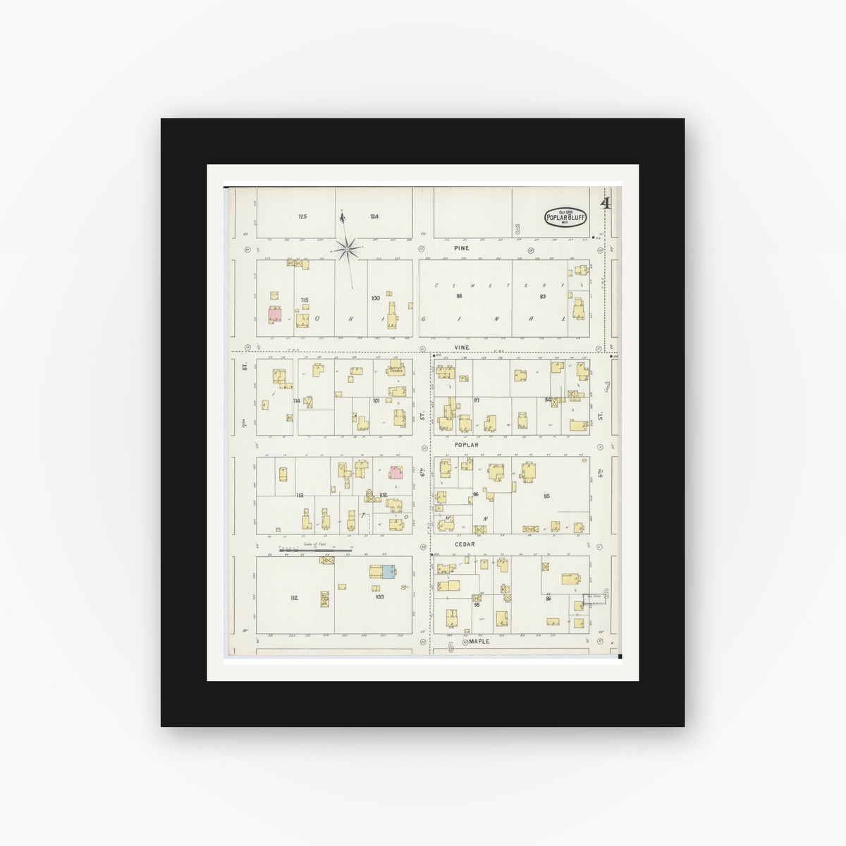 Old map wall art mockup — black gallery frame with white mat — Sanborn Fire Insurance Map from Poplar Bluff, Butler County, Missouri (1895), Sheet #0004