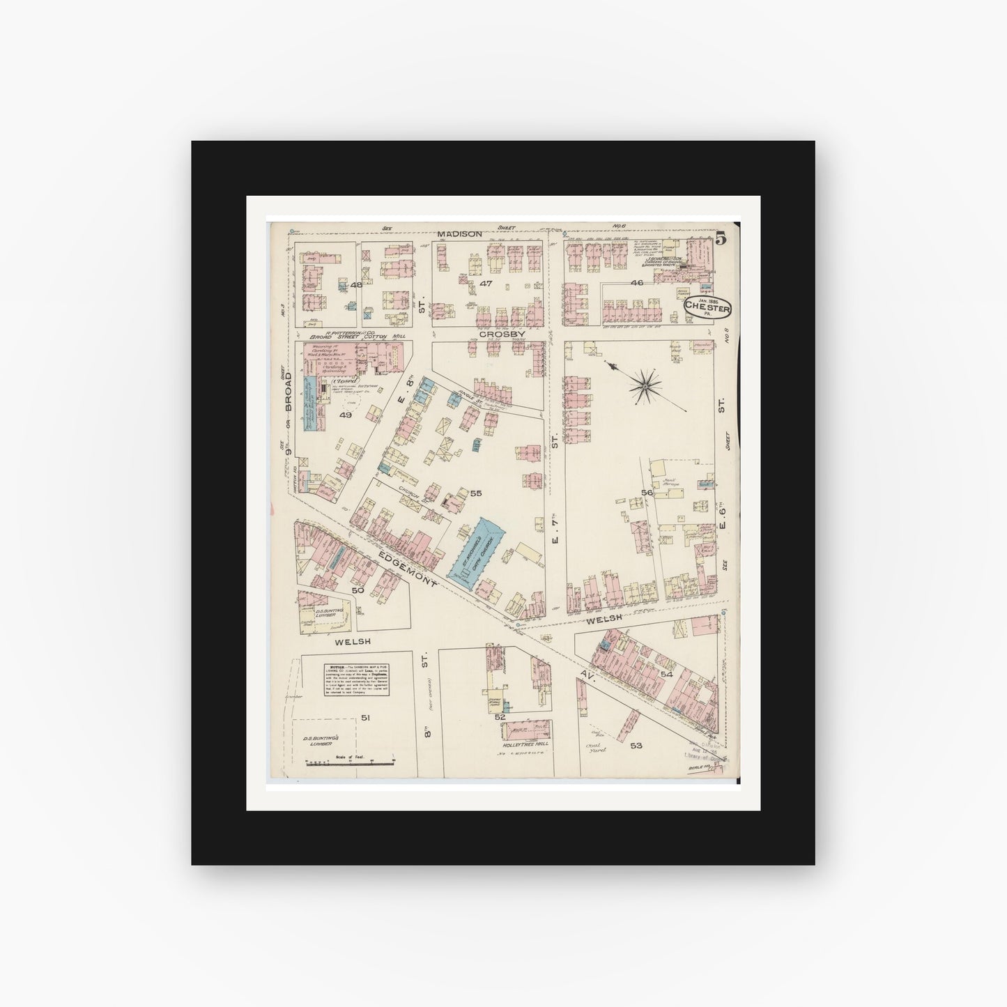 Old map wall art mockup — black gallery frame with white mat — Sanborn Fire Insurance Map from Chester, Delaware County, Pennsylvania (1885), Sheet #0005