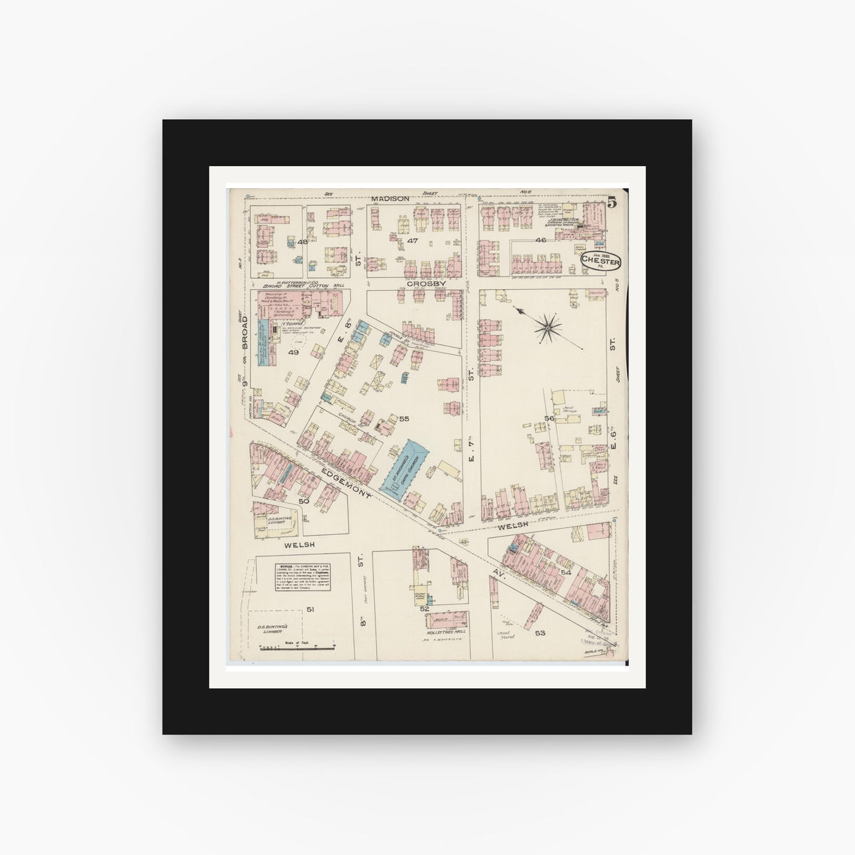 Old map wall art mockup — black gallery frame with white mat — Sanborn Fire Insurance Map from Chester, Delaware County, Pennsylvania (1885), Sheet #0005