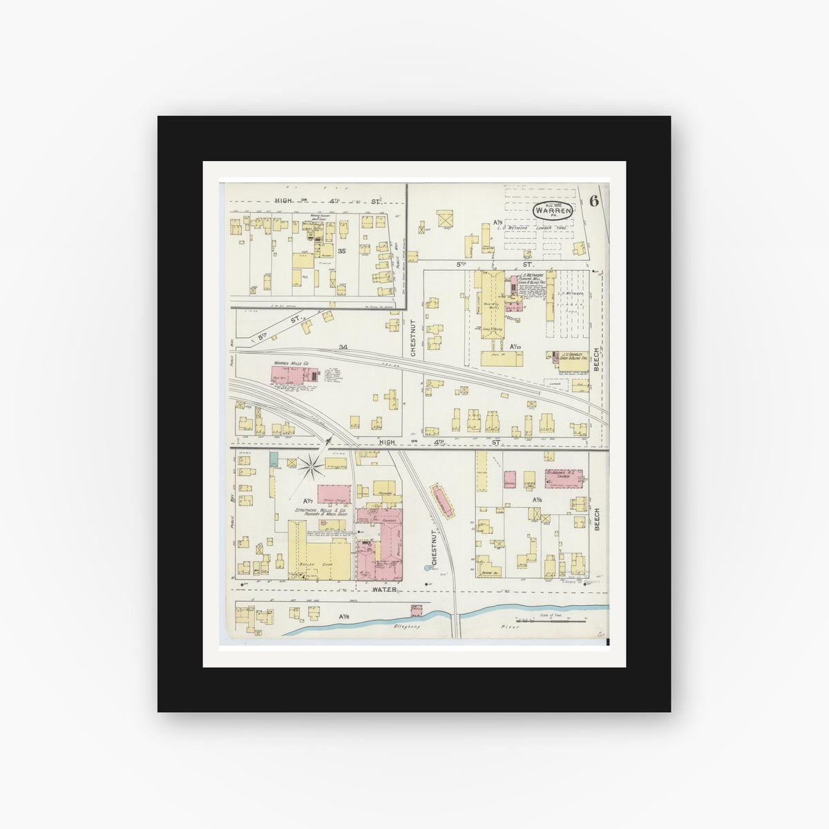 Old map wall art mockup — black gallery frame with white mat — Sanborn Fire Insurance Map from Warren, Warren County, Pennsylvania (1892), Sheet #0006