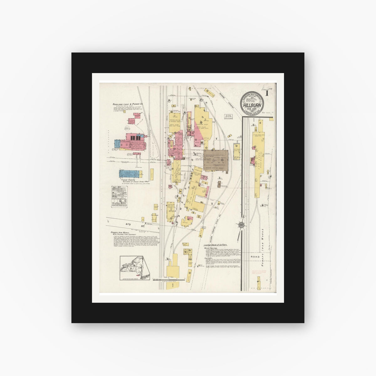 Old map wall art mockup — black gallery frame with white mat — Sanborn Fire Insurance Map from Hillburn, Rockland County, New York (1921) - Complete Map Set