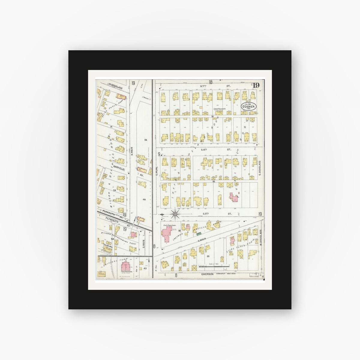 Old map wall art mockup — black gallery frame with white mat — Sanborn Fire Insurance Map from Goshen, Elkhart County, Indiana (1901), Sheet #0019