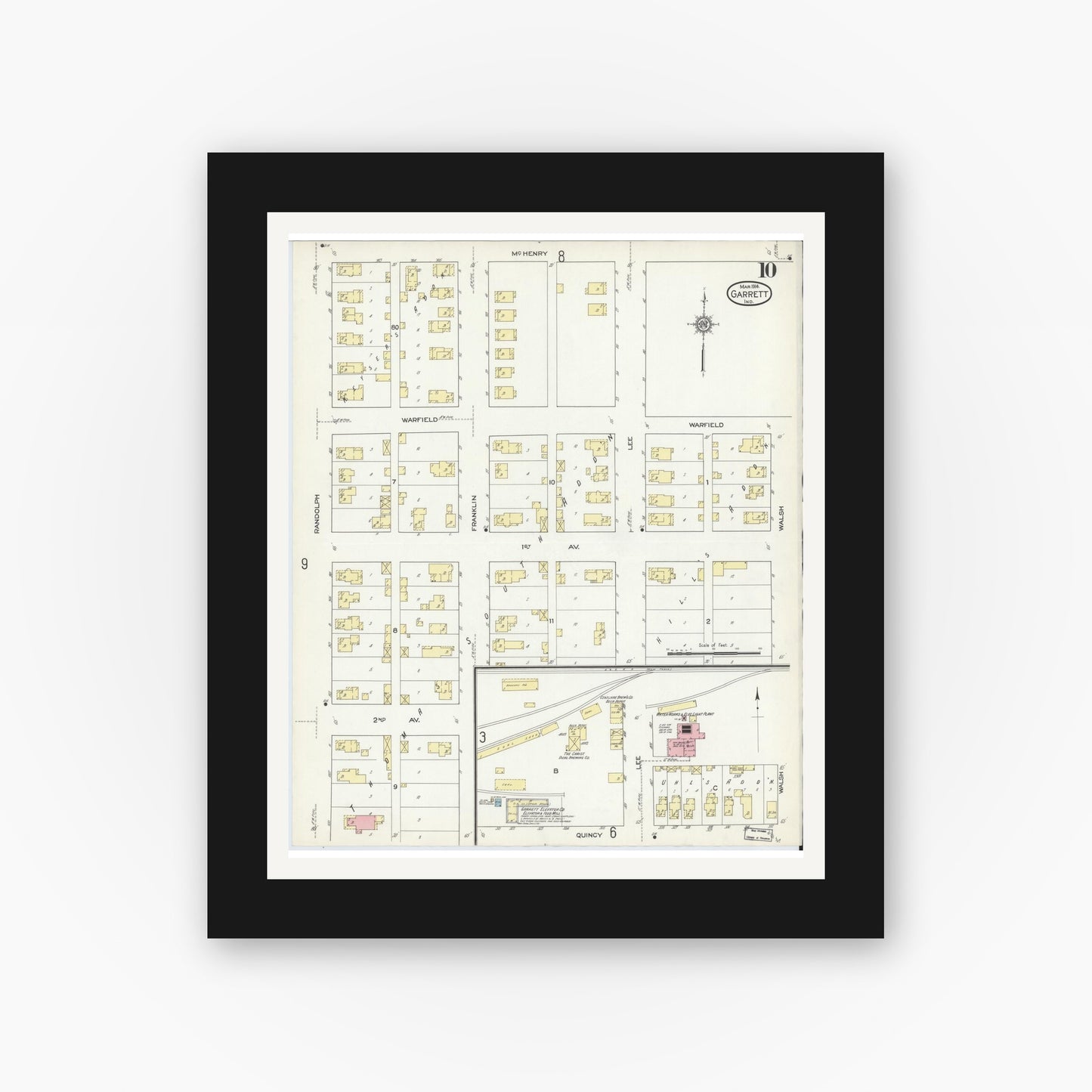 Old map wall art mockup — black gallery frame with white mat — Sanborn Fire Insurance Map from Garrett, De Kalb County, Indiana (1914), Sheet #0010