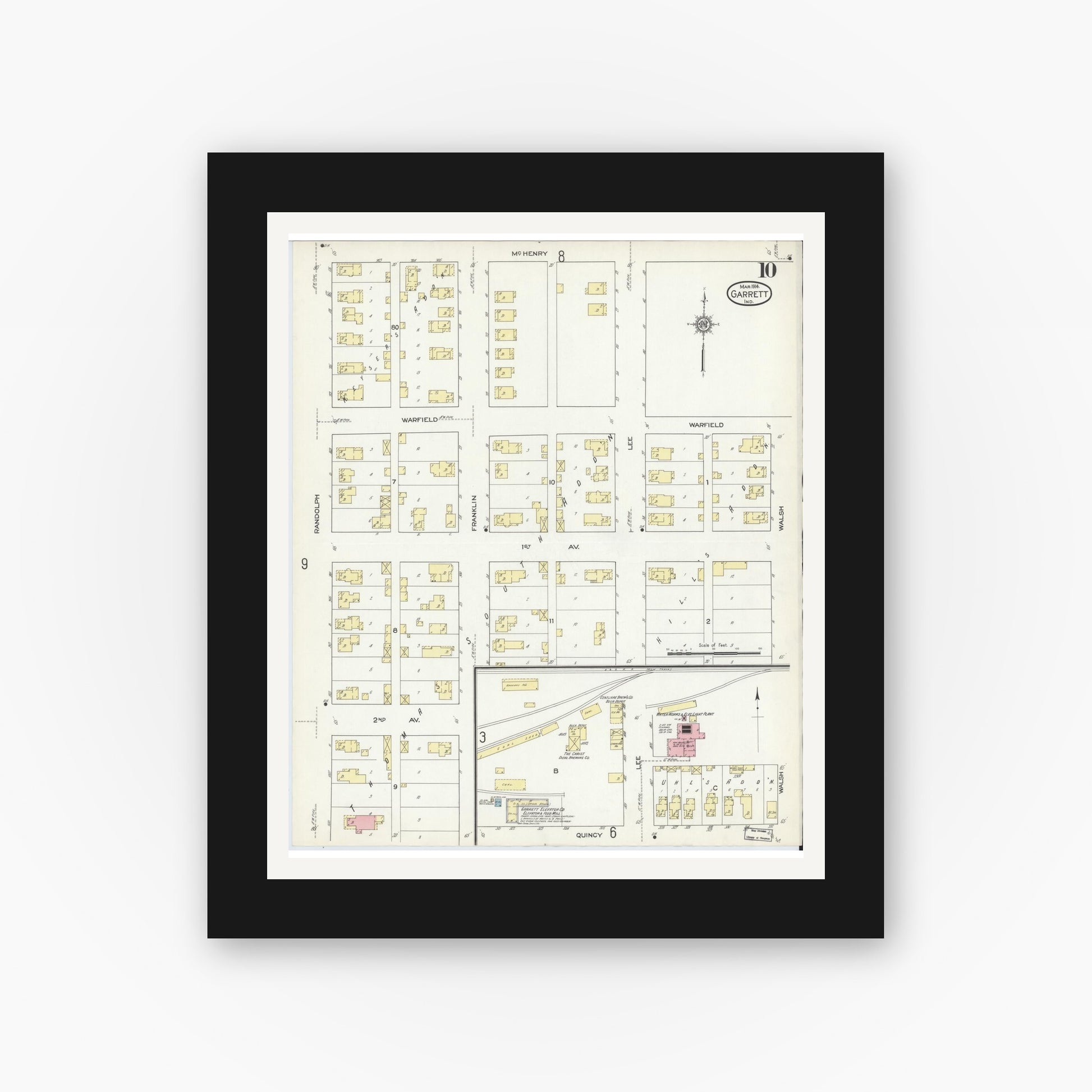 Old map wall art mockup — black gallery frame with white mat — Sanborn Fire Insurance Map from Garrett, De Kalb County, Indiana (1914), Sheet #0010