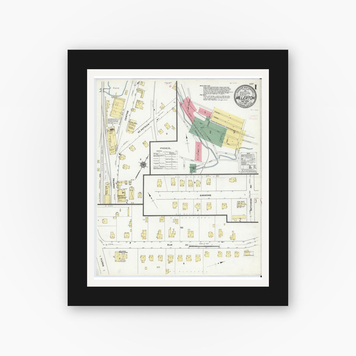 Old map wall art mockup — black gallery frame with white mat — Sanborn Fire Insurance Map from Millerton, Dutchess County, New York (1910), Sheet #0001