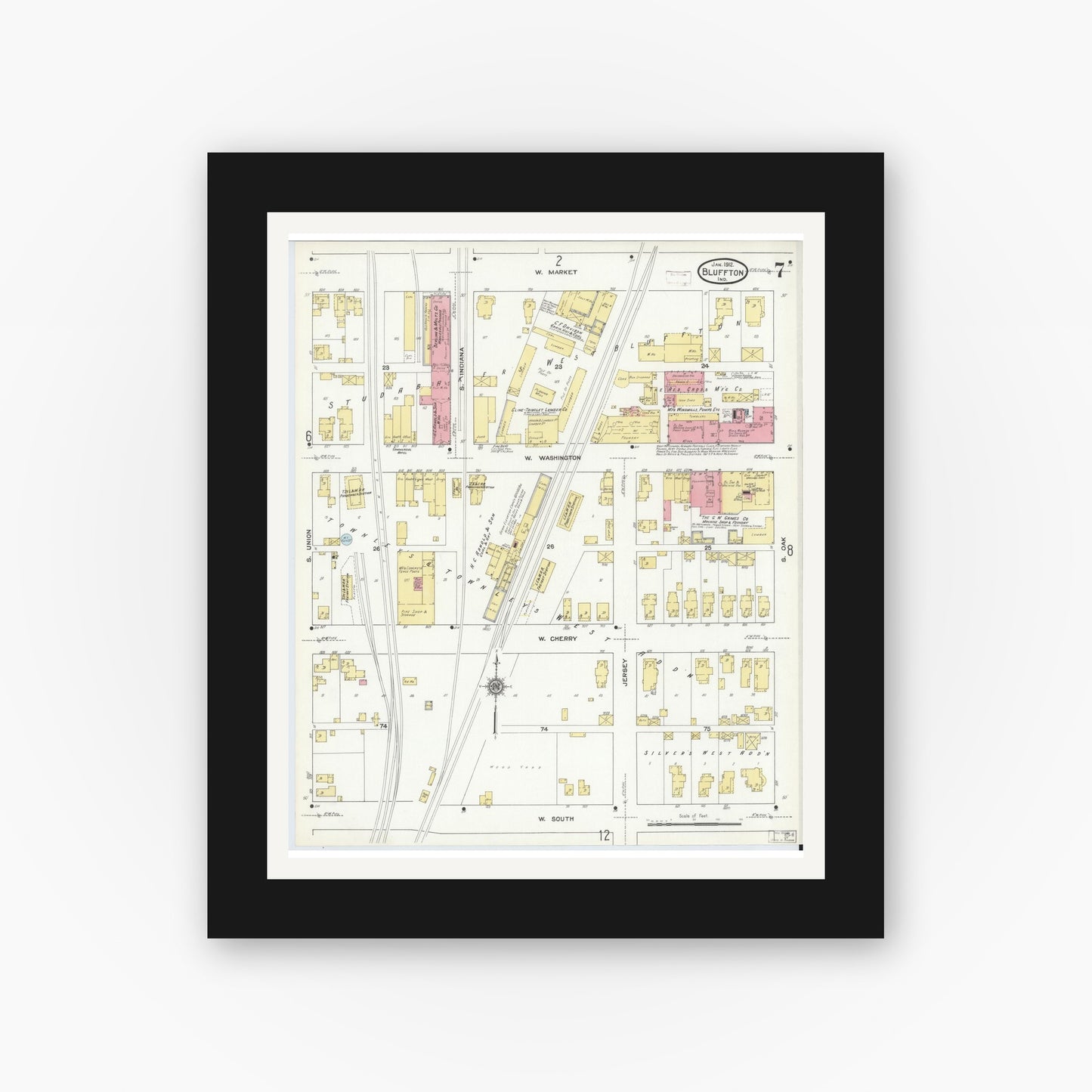 Old map wall art mockup — black gallery frame with white mat — Sanborn Fire Insurance Map from Bluffton, Wells County, Indiana (1912), Sheet #0007