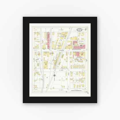 Old map wall art mockup — black gallery frame with white mat — Sanborn Fire Insurance Map from Bluffton, Wells County, Indiana (1912), Sheet #0007