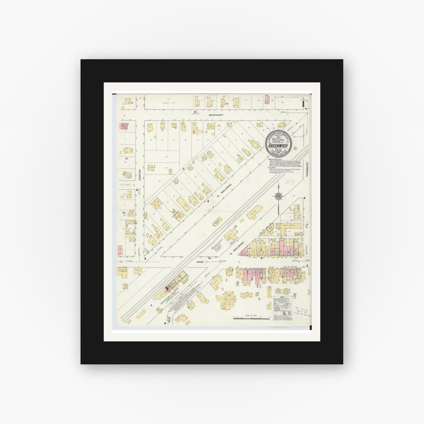 Old map wall art mockup — black gallery frame with white mat — Sanborn Fire Insurance Map from Greenwich, Huron County, Ohio (1911), Sheet #0001