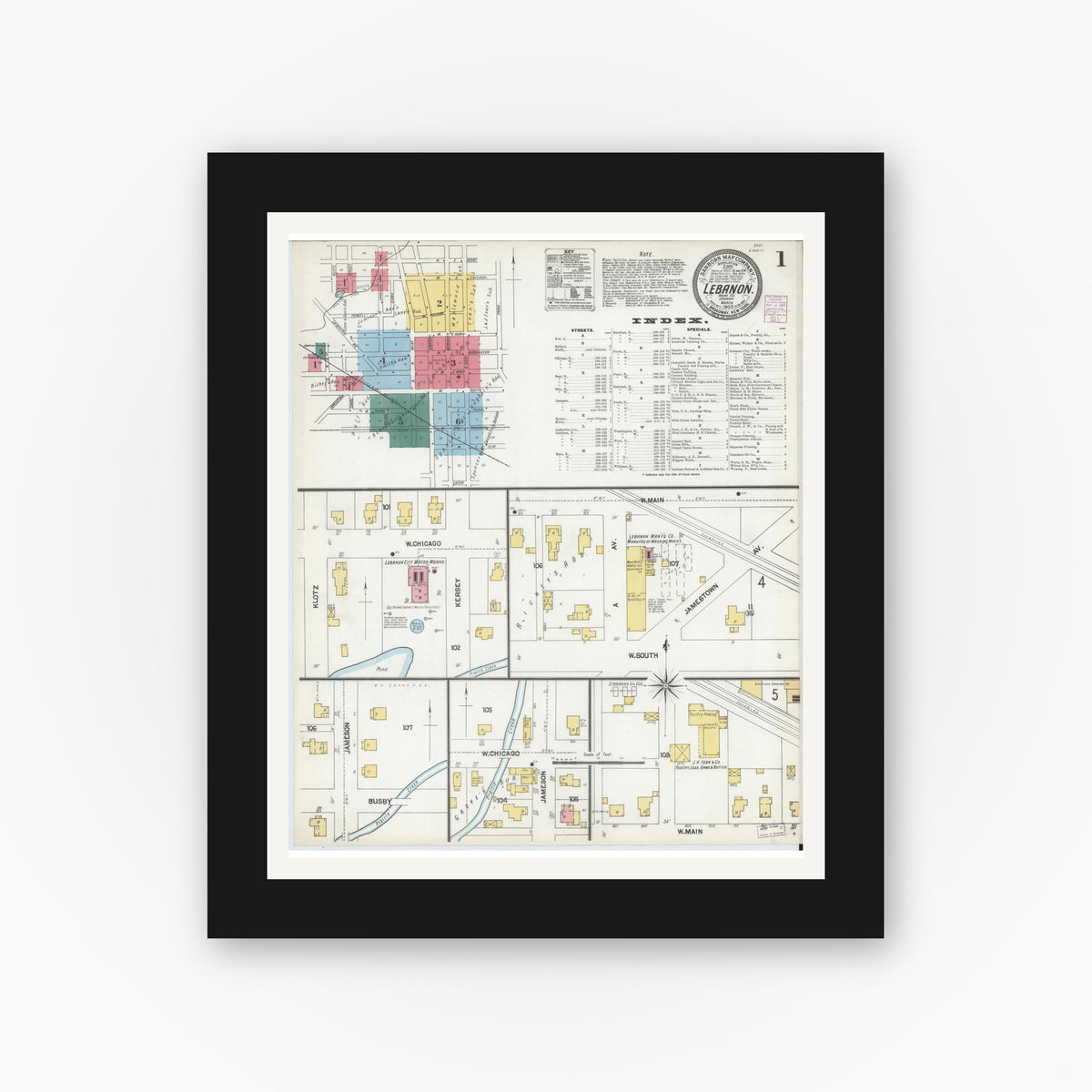 Old map wall art mockup — black gallery frame with white mat — Sanborn Fire Insurance Map from Lebanon, Boone County, Indiana (1902), Sheet #0001