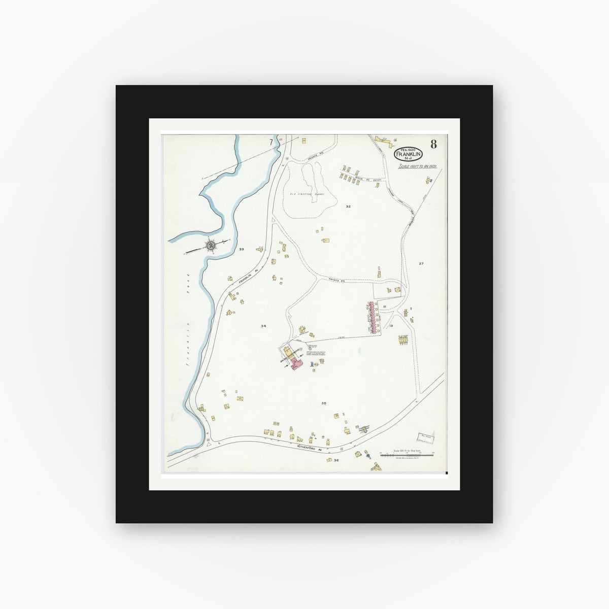 Old map wall art mockup — black gallery frame with white mat — Sanborn Fire Insurance Map from Franklin, Sussex County, New Jersey (1920), Sheet #0008