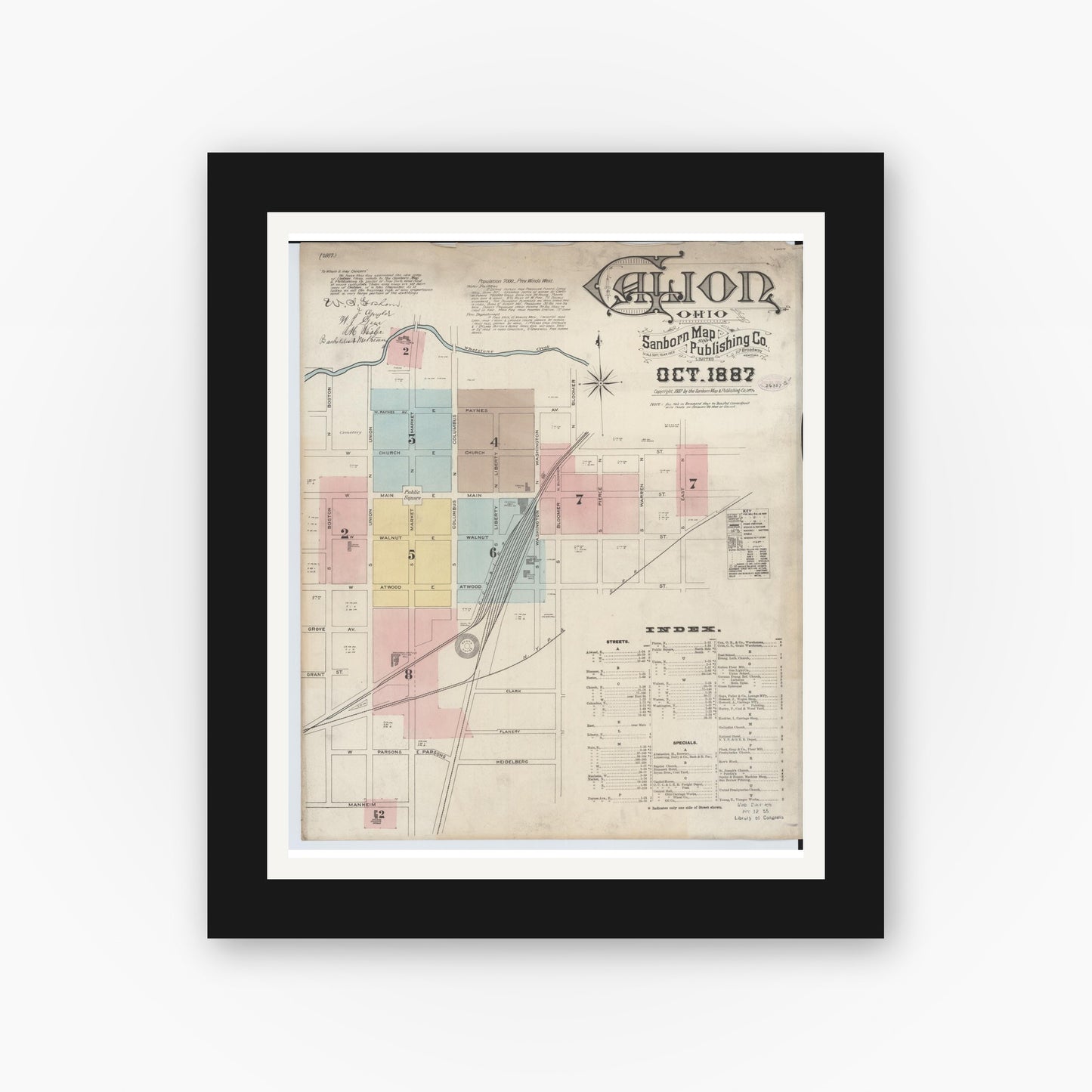 Old map wall art mockup — black gallery frame with white mat — Sanborn Fire Insurance Map from Galion, Crawford County, Ohio (1887), Sheet #0001