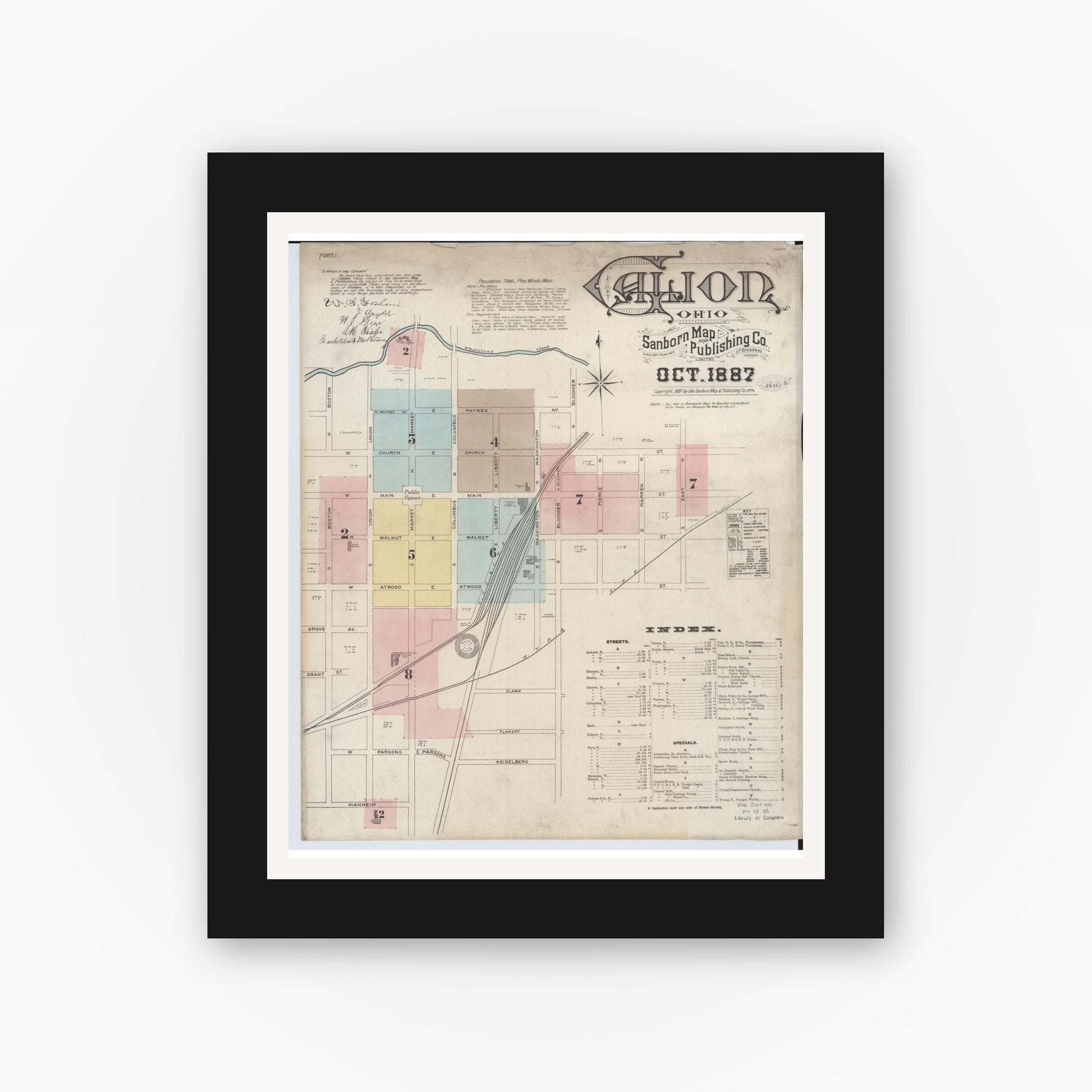 Old map wall art mockup — black gallery frame with white mat — Sanborn Fire Insurance Map from Galion, Crawford County, Ohio (1887), Sheet #0001