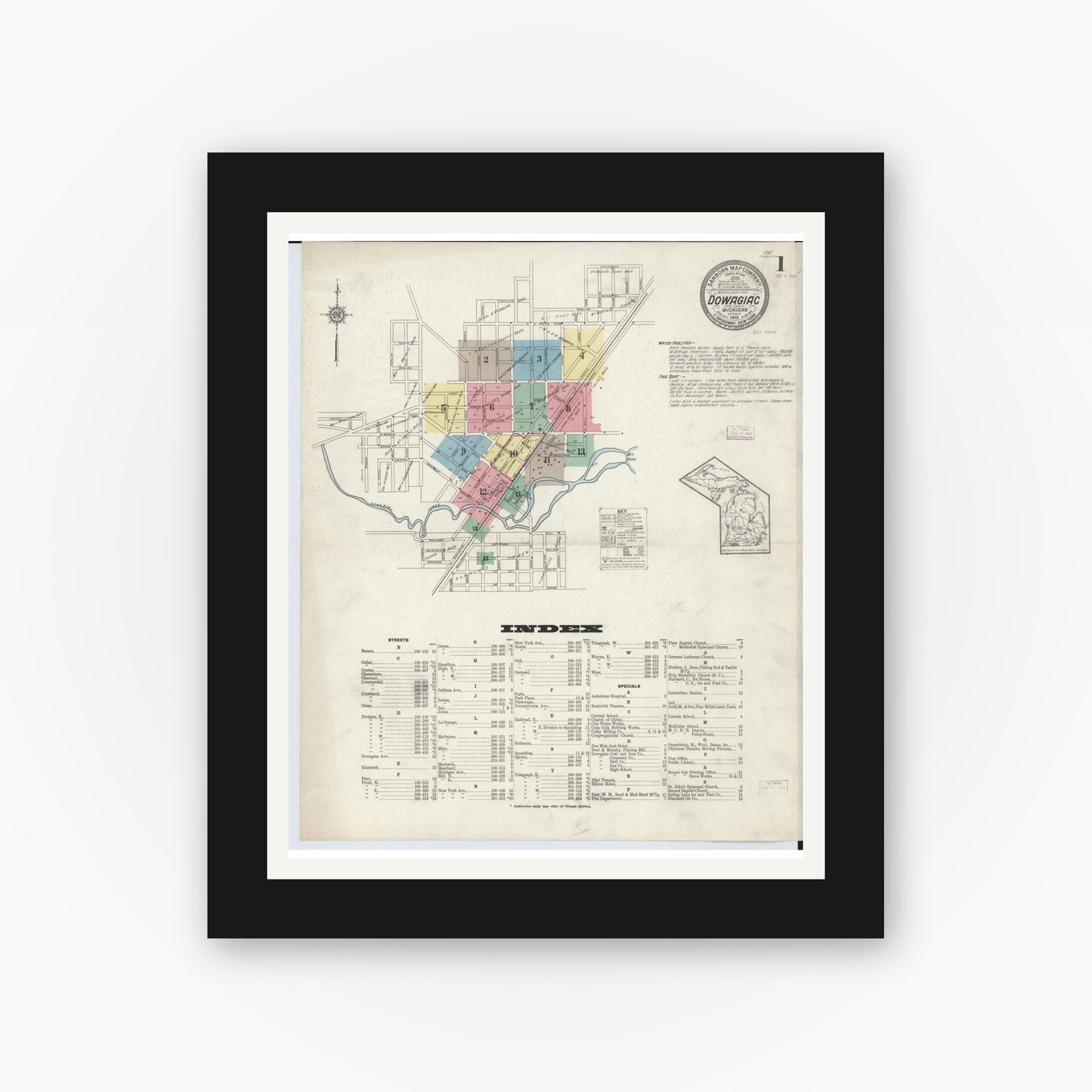 Old map wall art mockup — black gallery frame with white mat — Sanborn Fire Insurance Map from Dowagiac, Cass County, Michigan (1913) - Complete Map Set