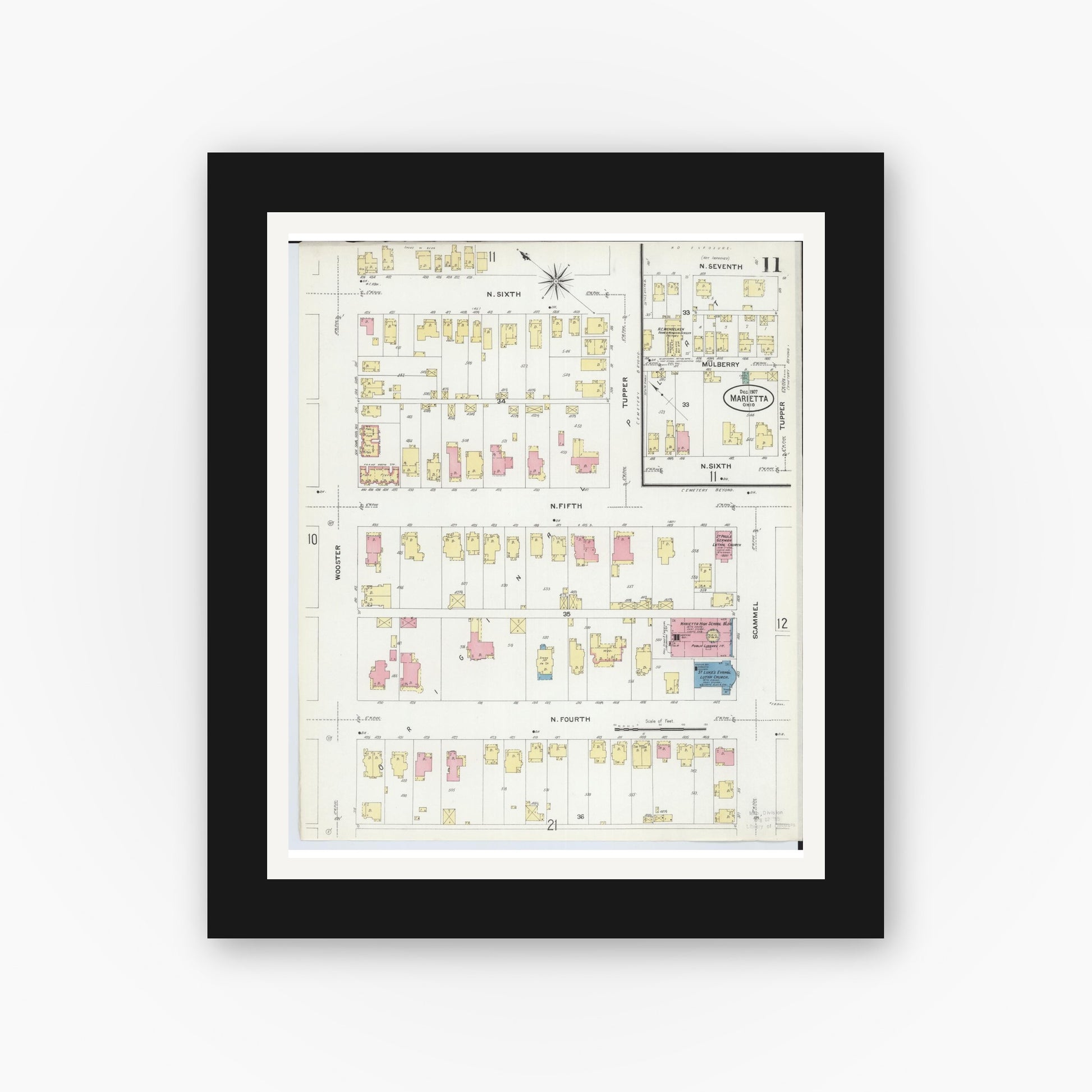 Old map wall art mockup — black gallery frame with white mat — Sanborn Fire Insurance Map from Marietta, Washington County, Ohio (1907), Sheet #0011