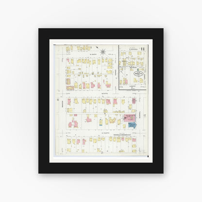 Old map wall art mockup — black gallery frame with white mat — Sanborn Fire Insurance Map from Marietta, Washington County, Ohio (1907), Sheet #0011