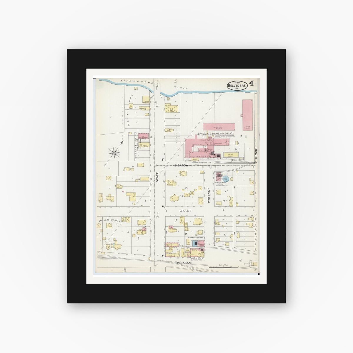 Old map wall art mockup — black gallery frame with white mat — Sanborn Fire Insurance Map from Belvidere, Boone County, Illinois (1892), Sheet #0004