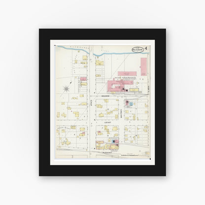 Old map wall art mockup — black gallery frame with white mat — Sanborn Fire Insurance Map from Belvidere, Boone County, Illinois (1892), Sheet #0004