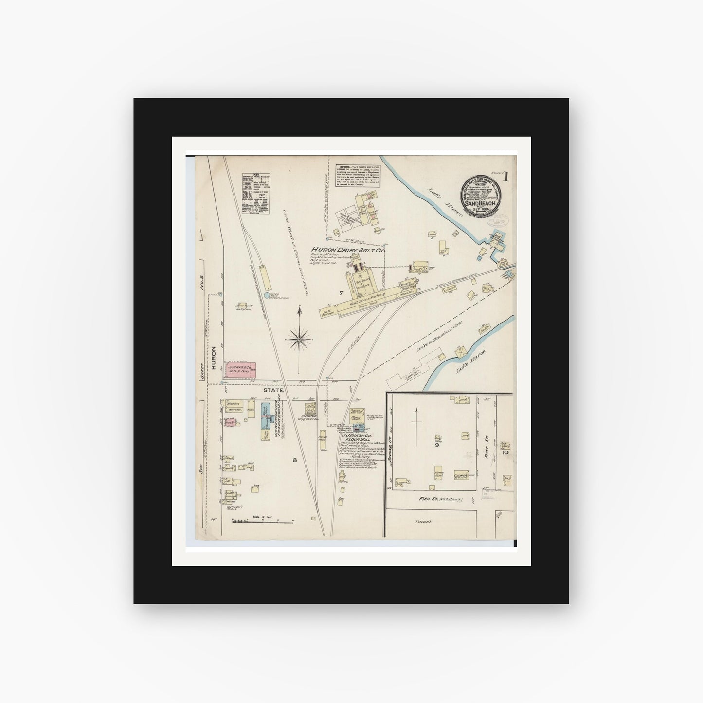 Old map wall art mockup — black gallery frame with white mat — Sanborn Fire Insurance Map from Sand Beach, Huron County, Michigan (1884) - Complete Map Set