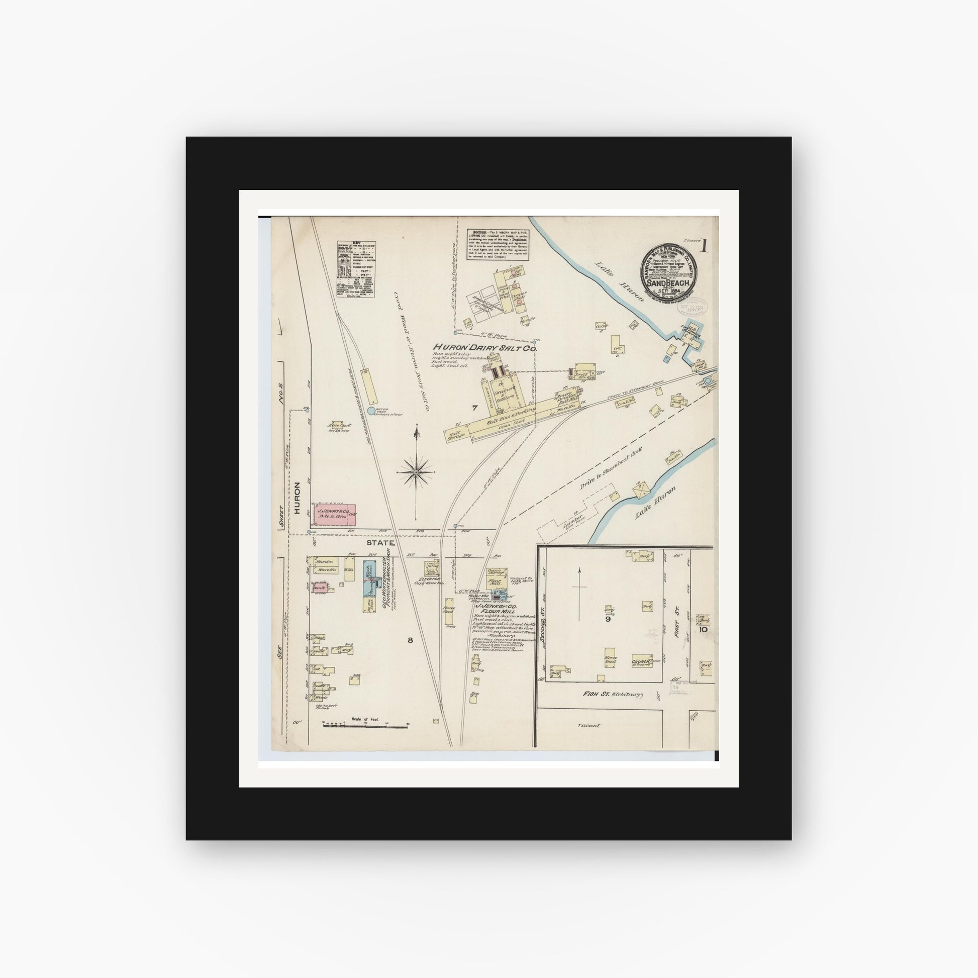 Old map wall art mockup — black gallery frame with white mat — Sanborn Fire Insurance Map from Sand Beach, Huron County, Michigan (1884) - Complete Map Set