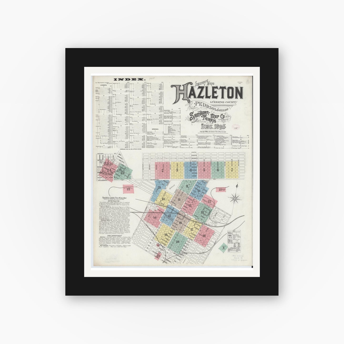 Old map wall art mockup — black gallery frame with white mat — Sanborn Fire Insurance Map from Hazleton, Luzerne County, Pennsylvania (1895) - Complete Map Set