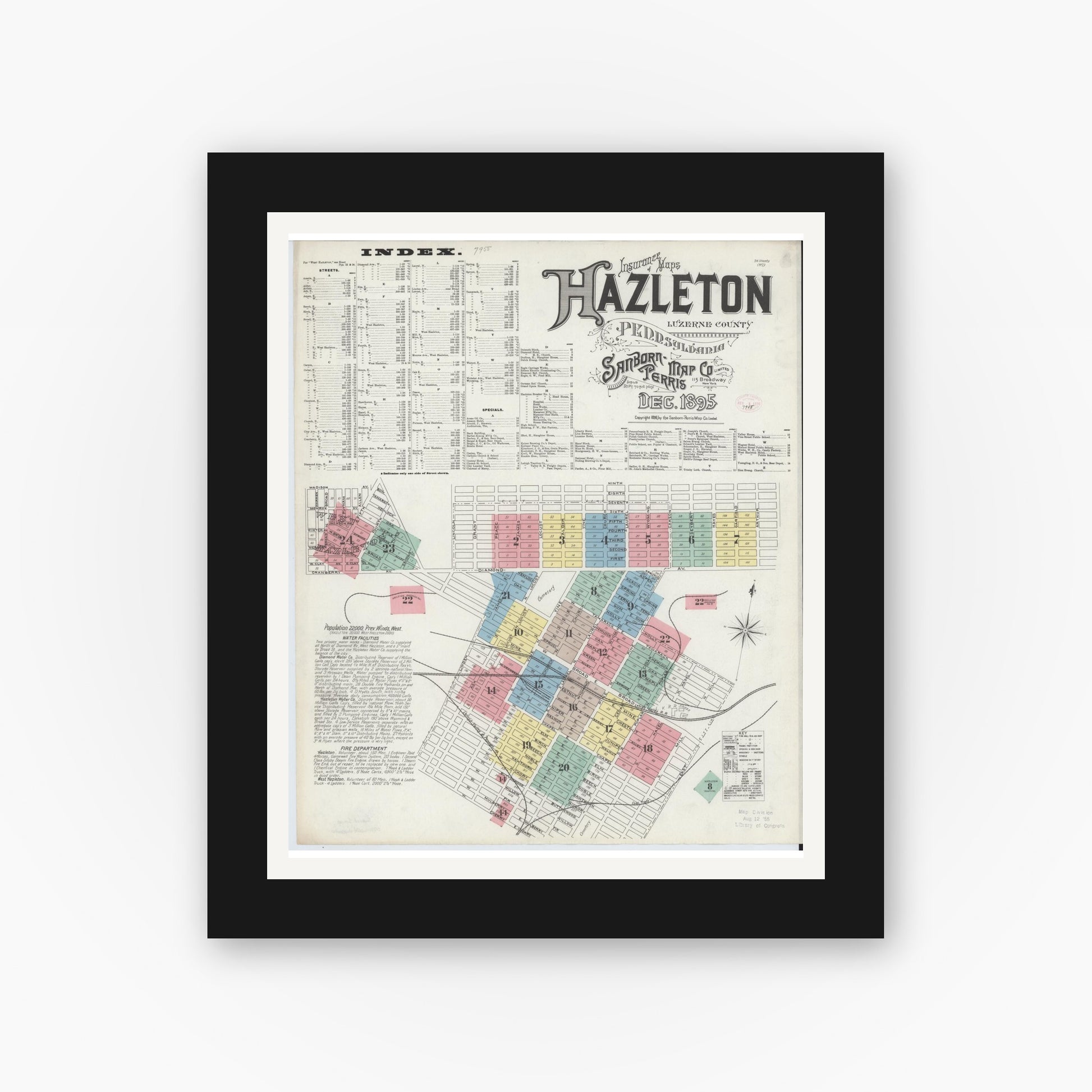 Old map wall art mockup — black gallery frame with white mat — Sanborn Fire Insurance Map from Hazleton, Luzerne County, Pennsylvania (1895) - Complete Map Set