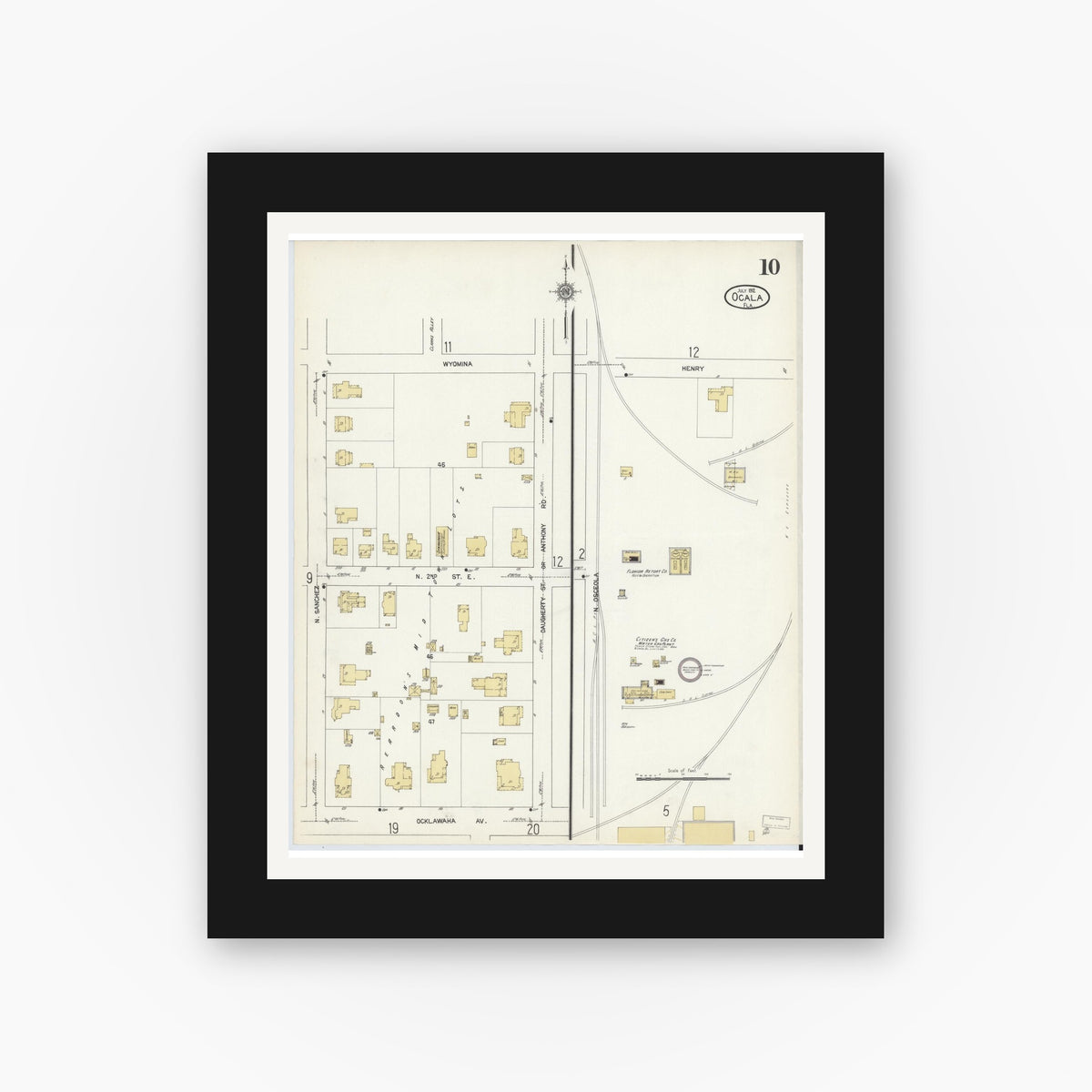Old map wall art mockup — black gallery frame with white mat — Sanborn Fire Insurance Map from Ocala, Marion County, Florida (1912), Sheet #0010