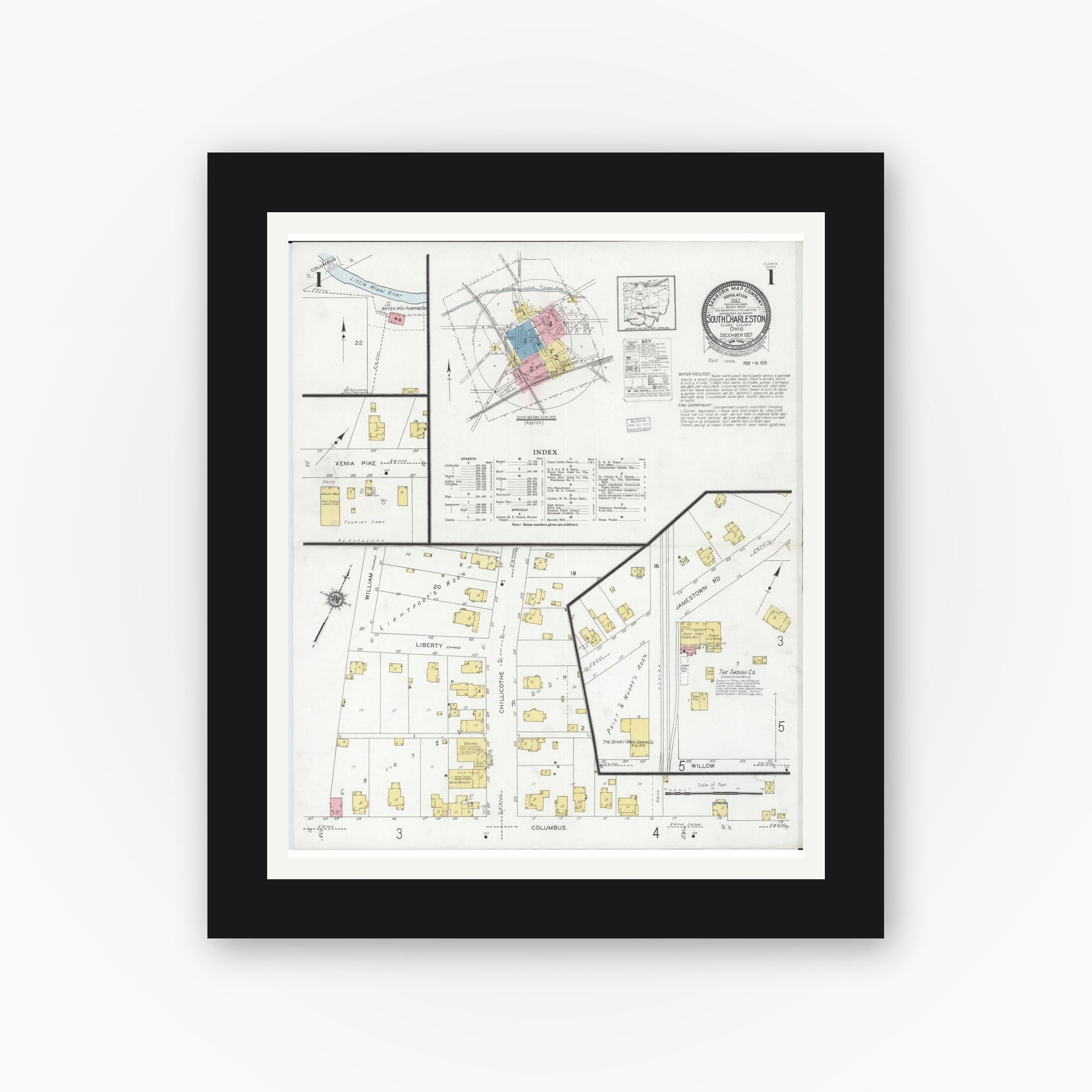 Old map wall art mockup — black gallery frame with white mat — Sanborn Fire Insurance Map from South Charleston, Clark County, Ohio (1927) - Complete Map Set