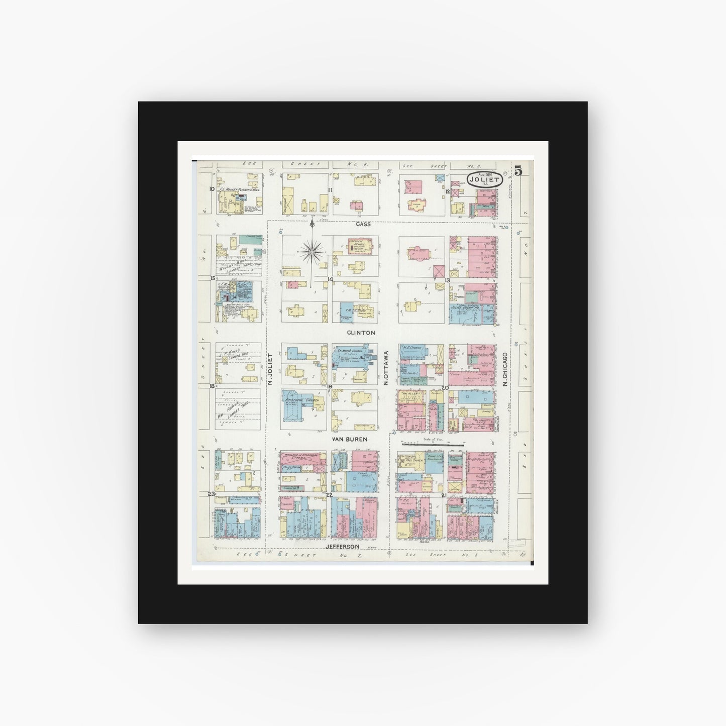 Old map wall art mockup — black gallery frame with white mat — Sanborn Fire Insurance Map from Joliet, Will County, Illinois (1891), Sheet #0005