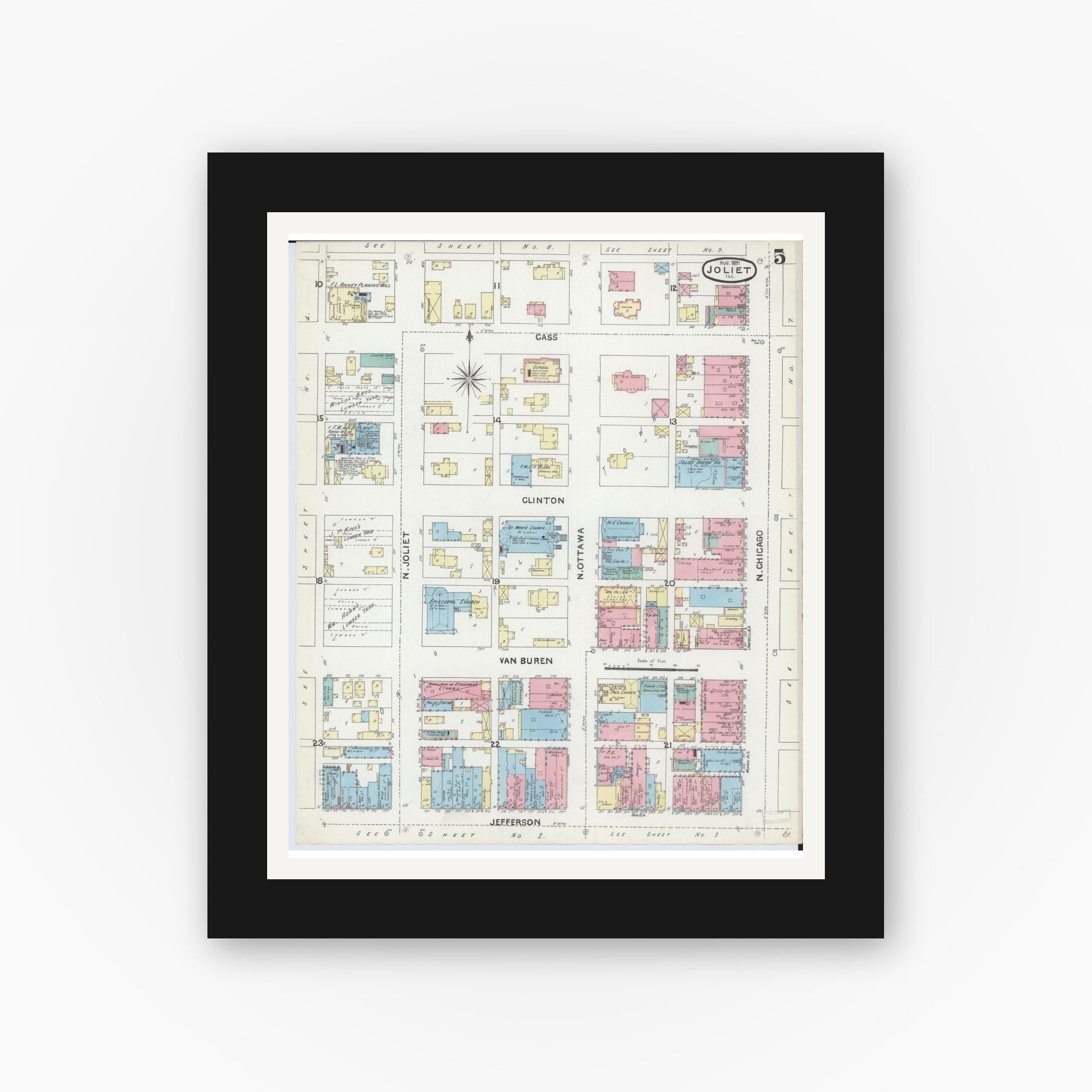 Old map wall art mockup — black gallery frame with white mat — Sanborn Fire Insurance Map from Joliet, Will County, Illinois (1891), Sheet #0005