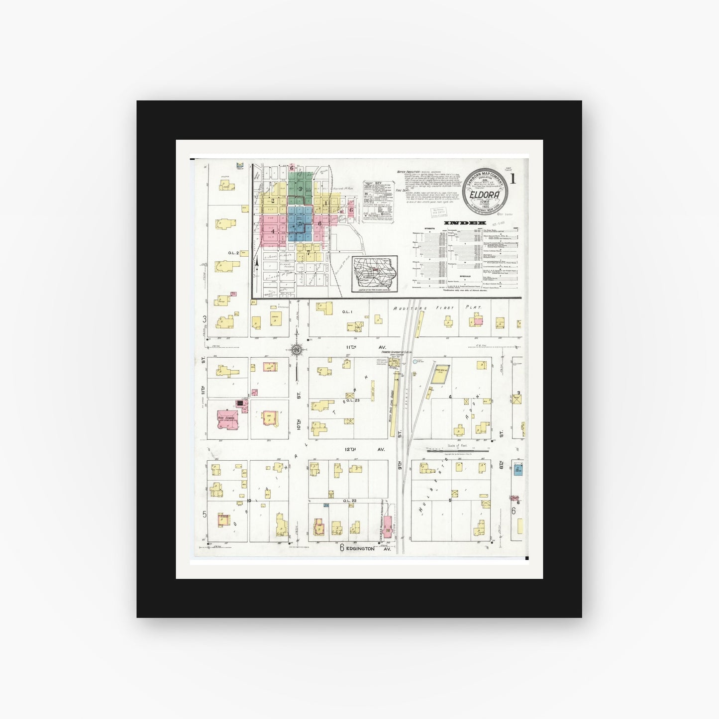 Old map wall art mockup — black gallery frame with white mat — Sanborn Fire Insurance Map from Eldora, Hardin County, Iowa (1920) â€” Complete Set
