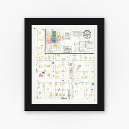 Old map wall art mockup — black gallery frame with white mat — Sanborn Fire Insurance Map from Eldora, Hardin County, Iowa (1920) â€” Complete Set