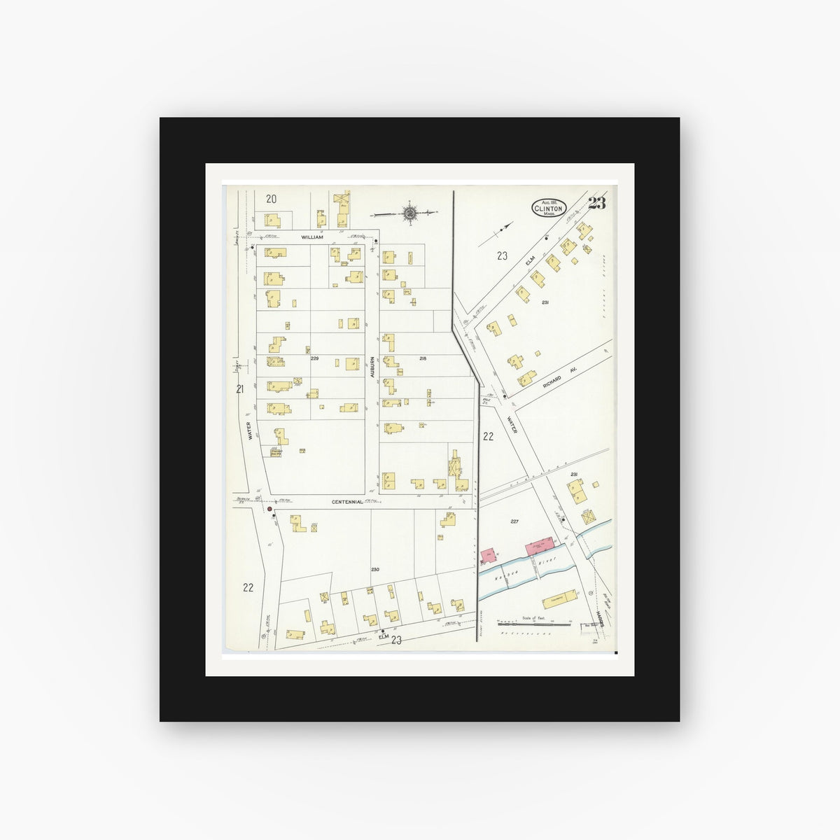 Old map wall art mockup — black gallery frame with white mat — Sanborn Fire Insurance Map from Clinton, Worcester County, Massachusetts (1911), Sheet #0023