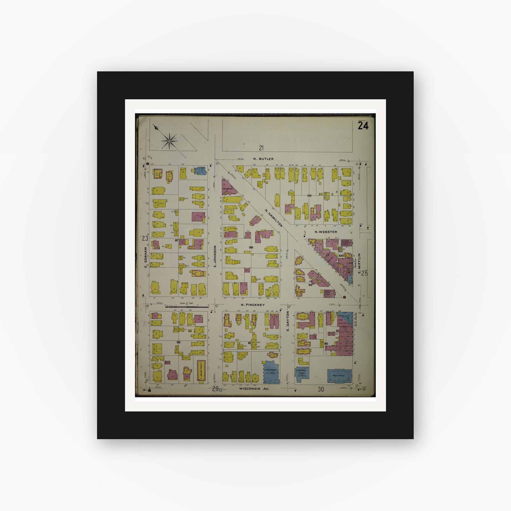 Old map wall art mockup — black gallery frame with white mat — Sanborn Fire Insurance Map from Madison, Dane County, Wisconsin (1908), Sheet #0024