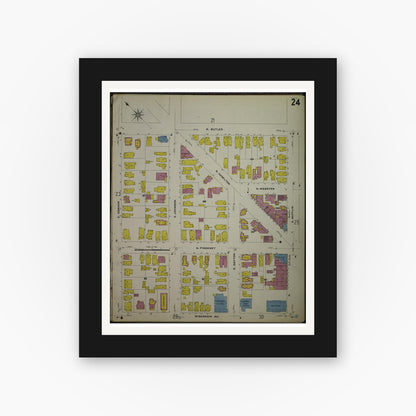 Old map wall art mockup — black gallery frame with white mat — Sanborn Fire Insurance Map from Madison, Dane County, Wisconsin (1908), Sheet #0024