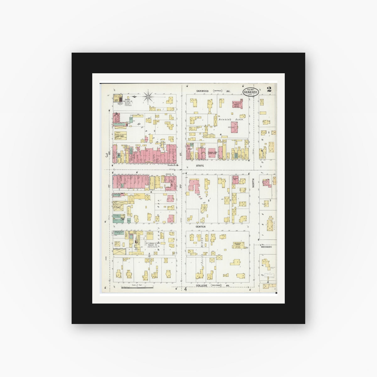Old map wall art mockup — black gallery frame with white mat — Sanborn Fire Insurance Map from Geneseo, Henry County, Illinois (1901), Sheet #0002