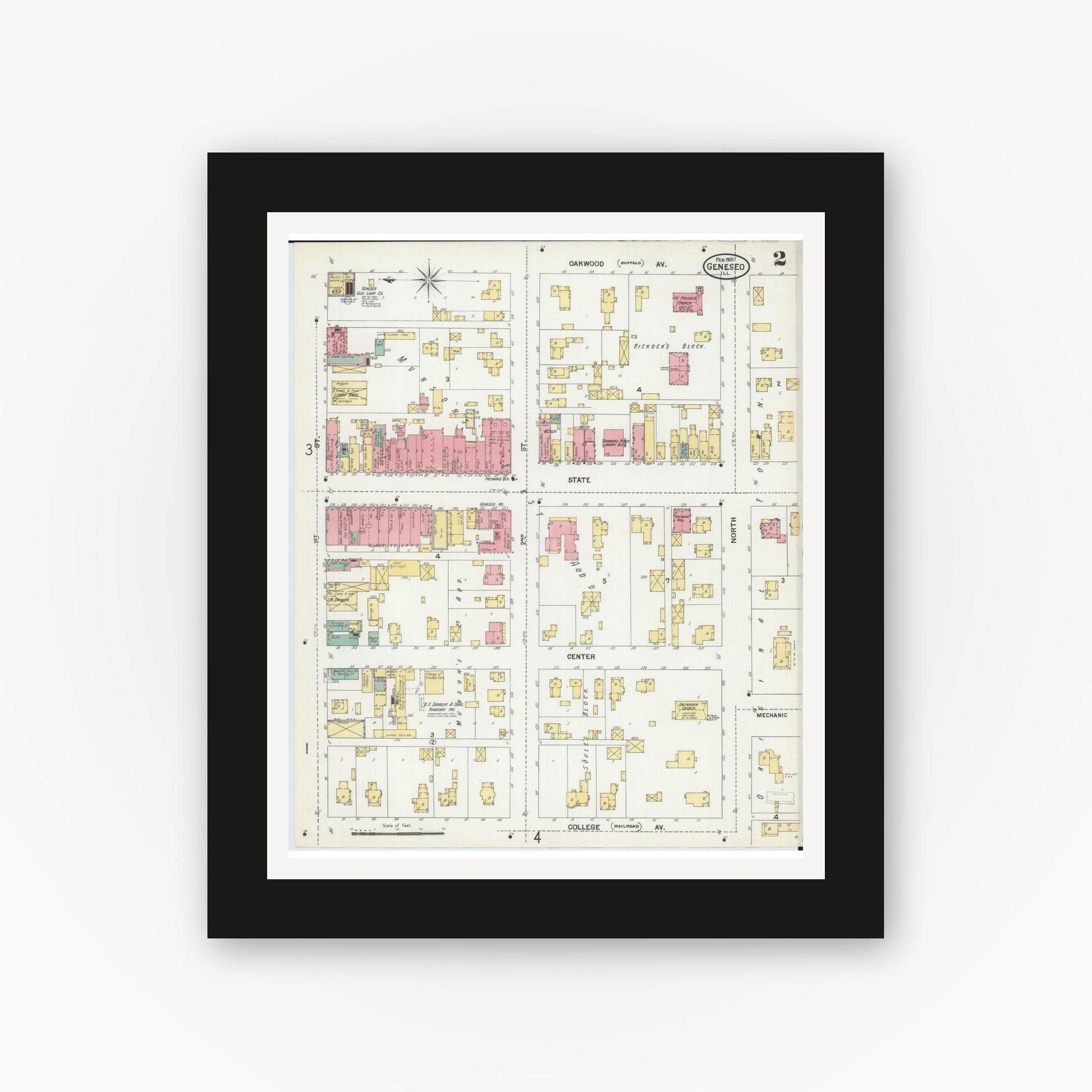 Old map wall art mockup — black gallery frame with white mat — Sanborn Fire Insurance Map from Geneseo, Henry County, Illinois (1901), Sheet #0002