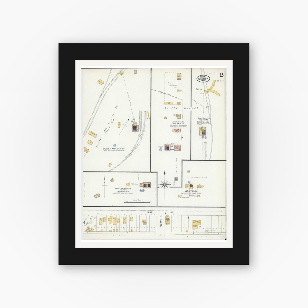 Old map wall art mockup — black gallery frame with white mat — Sanborn Fire Insurance Map from Sparta, Saint Louis County, Minnesota (1906), Sheet #0002