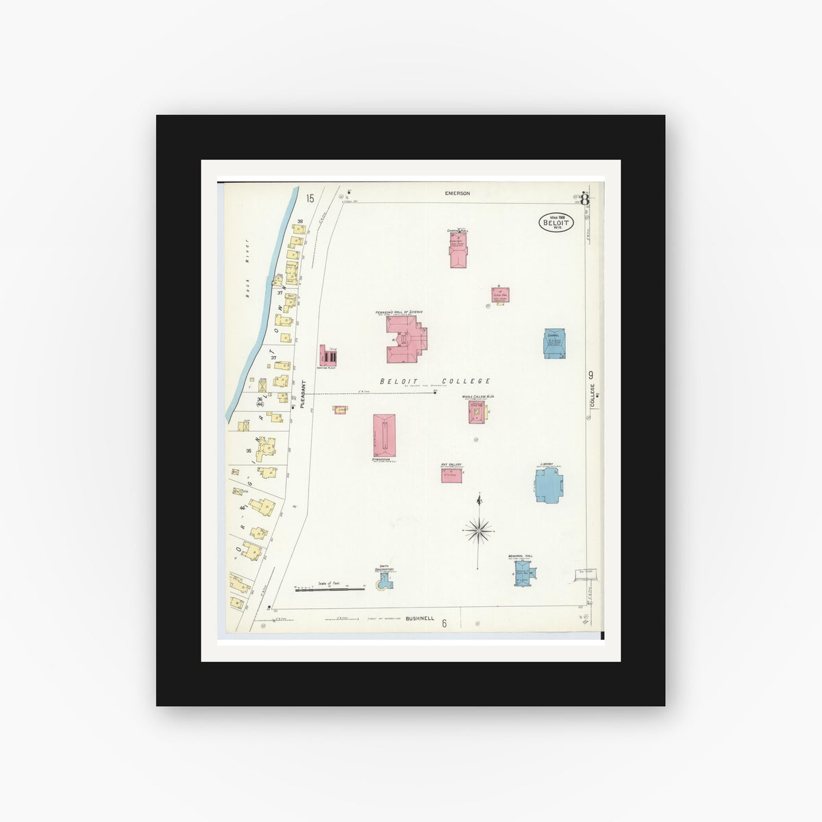 Old map wall art mockup — black gallery frame with white mat — Sanborn Fire Insurance Map from Beloit, Rock County, Wisconsin (1908), Sheet #0008