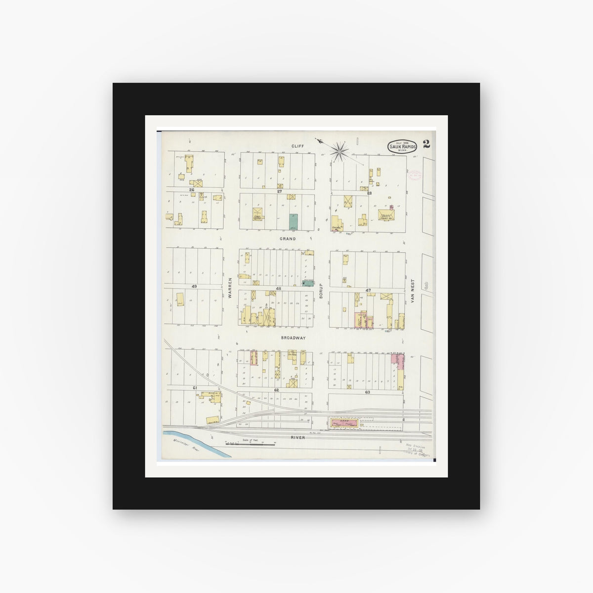 Old map wall art mockup — black gallery frame with white mat — Sanborn Fire Insurance Map from Sauk Rapids, Benton County, Minnesota (1894), Sheet #0002