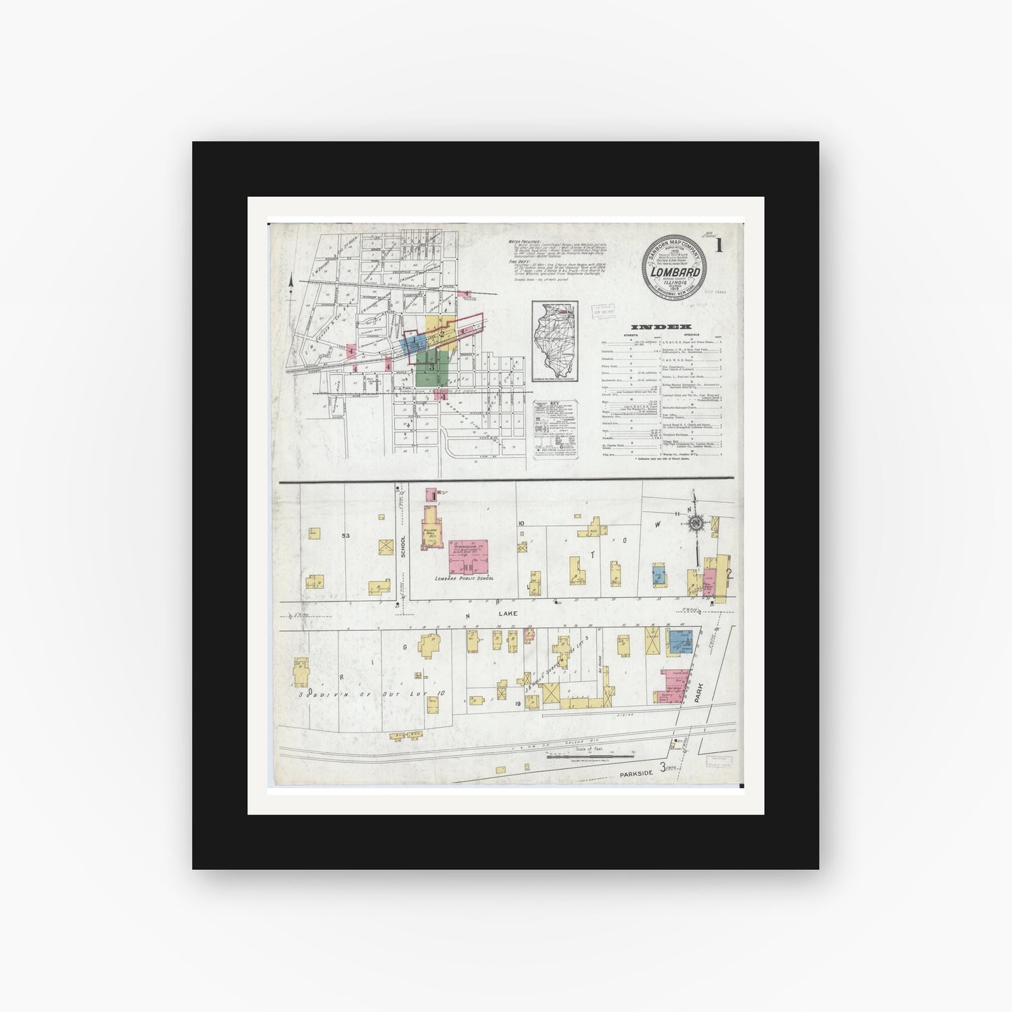 Old map wall art mockup — black gallery frame with white mat — Sanborn Fire Insurance Map from Lombard, Du Page County, Illinois (1919), Sheet #0001