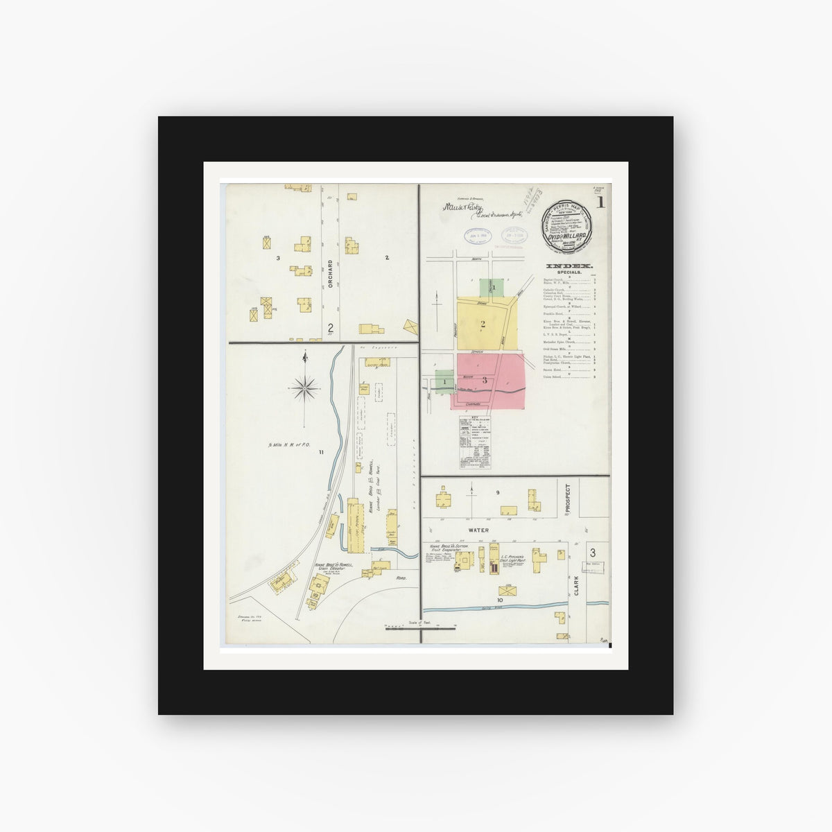 Old map wall art mockup — black gallery frame with white mat — Sanborn Fire Insurance Map from Ovid, Seneca County, New York (1898), Sheet #0001
