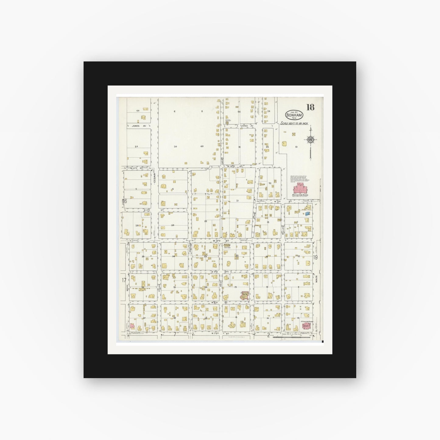 Old map wall art mockup — black gallery frame with white mat — Sanborn Fire Insurance Map from Bonham, Fannin County, Texas (1917), Sheet #0018