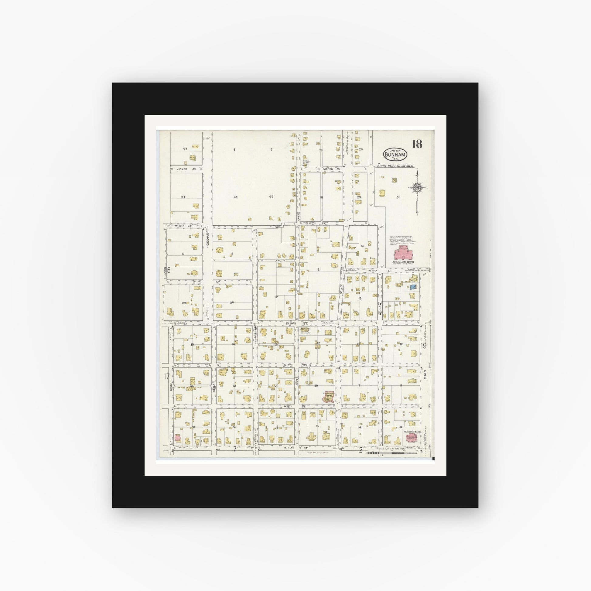 Old map wall art mockup — black gallery frame with white mat — Sanborn Fire Insurance Map from Bonham, Fannin County, Texas (1917), Sheet #0018
