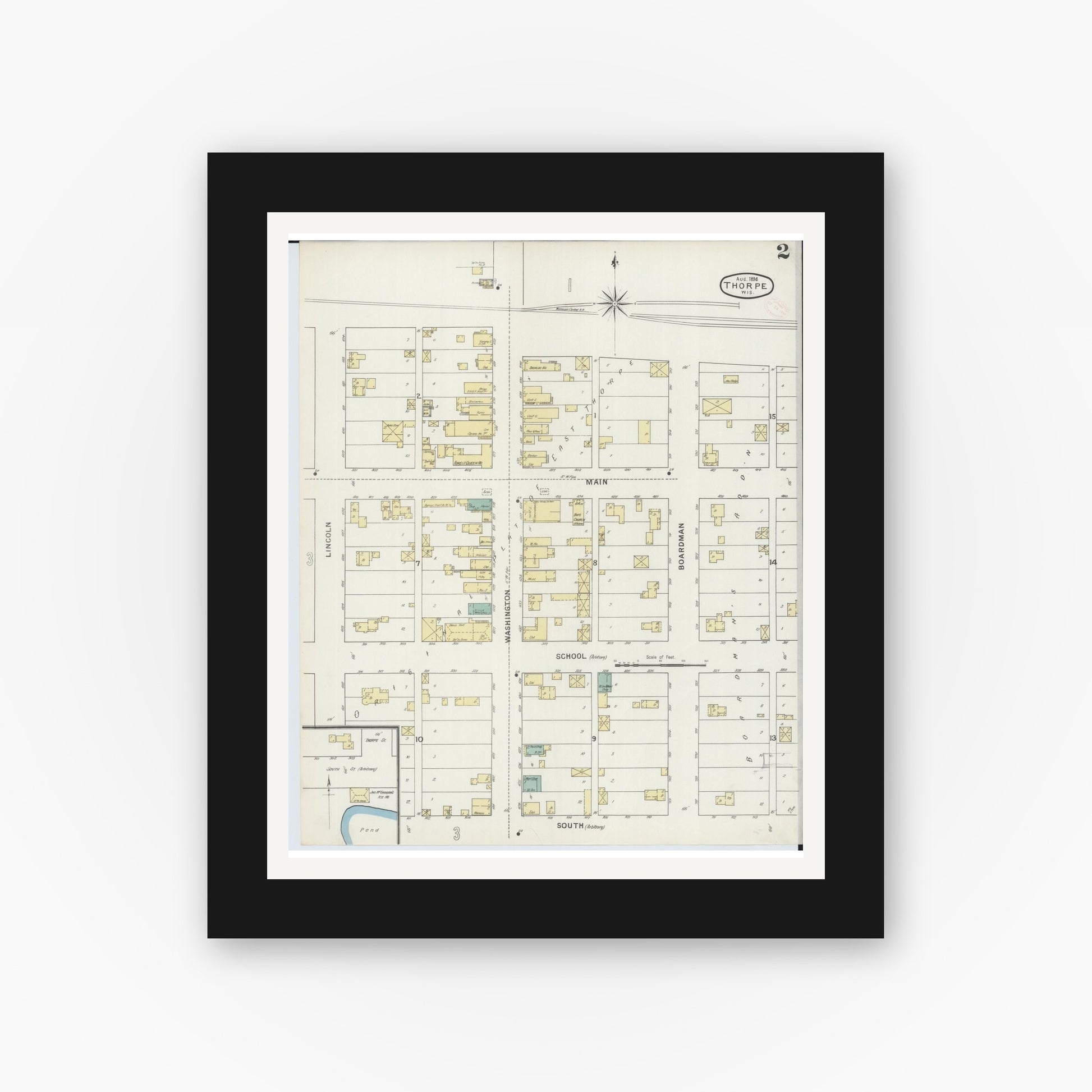 Old map wall art mockup — black gallery frame with white mat — Sanborn Fire Insurance Map from Thorpe, Clark County, Wisconsin (1894), Sheet #0002