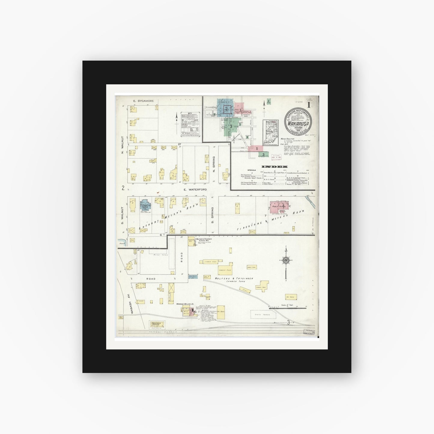 Old map wall art mockup — black gallery frame with white mat — Sanborn Fire Insurance Map from Wakarusa, Elkhart County, Indiana (1914) - Complete Map Set