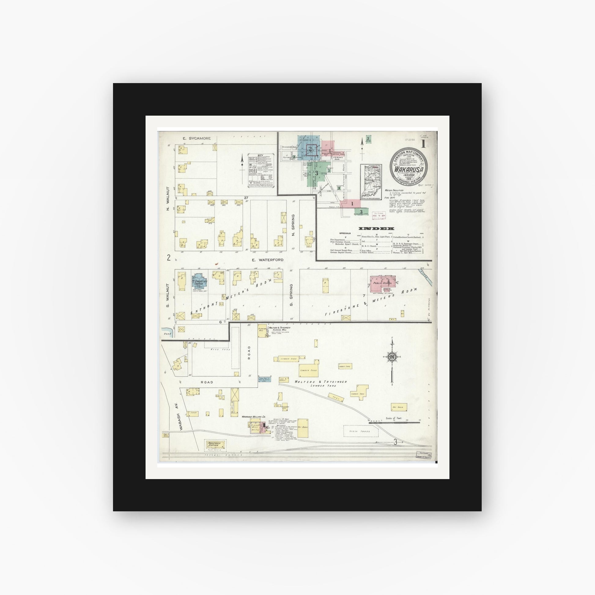 Old map wall art mockup — black gallery frame with white mat — Sanborn Fire Insurance Map from Wakarusa, Elkhart County, Indiana (1914) - Complete Map Set