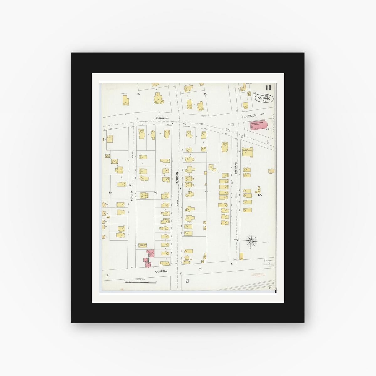 Old map wall art mockup — black gallery frame with white mat — Sanborn Fire Insurance Map from Passaic, Passaic County, New Jersey (1899), Sheet #0011